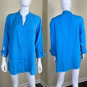 Stark X Women's Size S Blue Gauzy Cotton Pullover Fray Blouse Resort Boho Casual